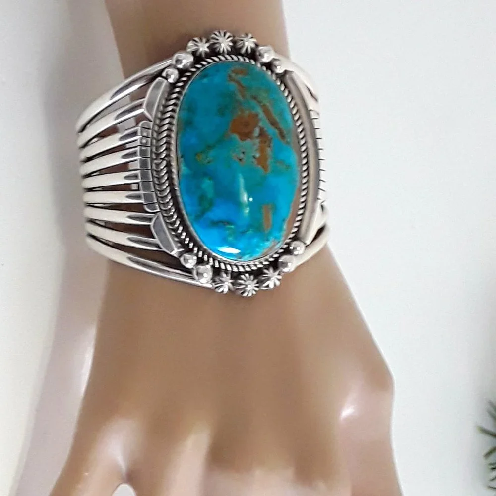 LARGE Kingman Sterling Native American Statement Bracelet - Picture 3 of 9